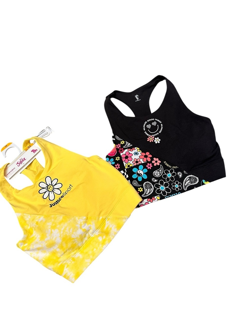 Justice 2-pack Yellow Black Groovy Padded Racerback Sports Bra Girls size 34 New